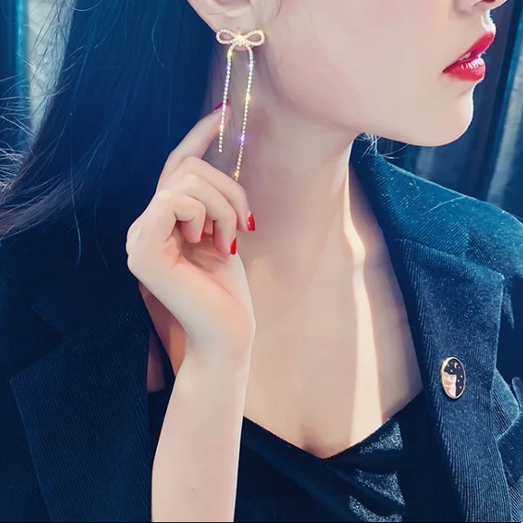 Gold Rhinestone Pearl Bow Drop Earrings - Picture 4 of 5